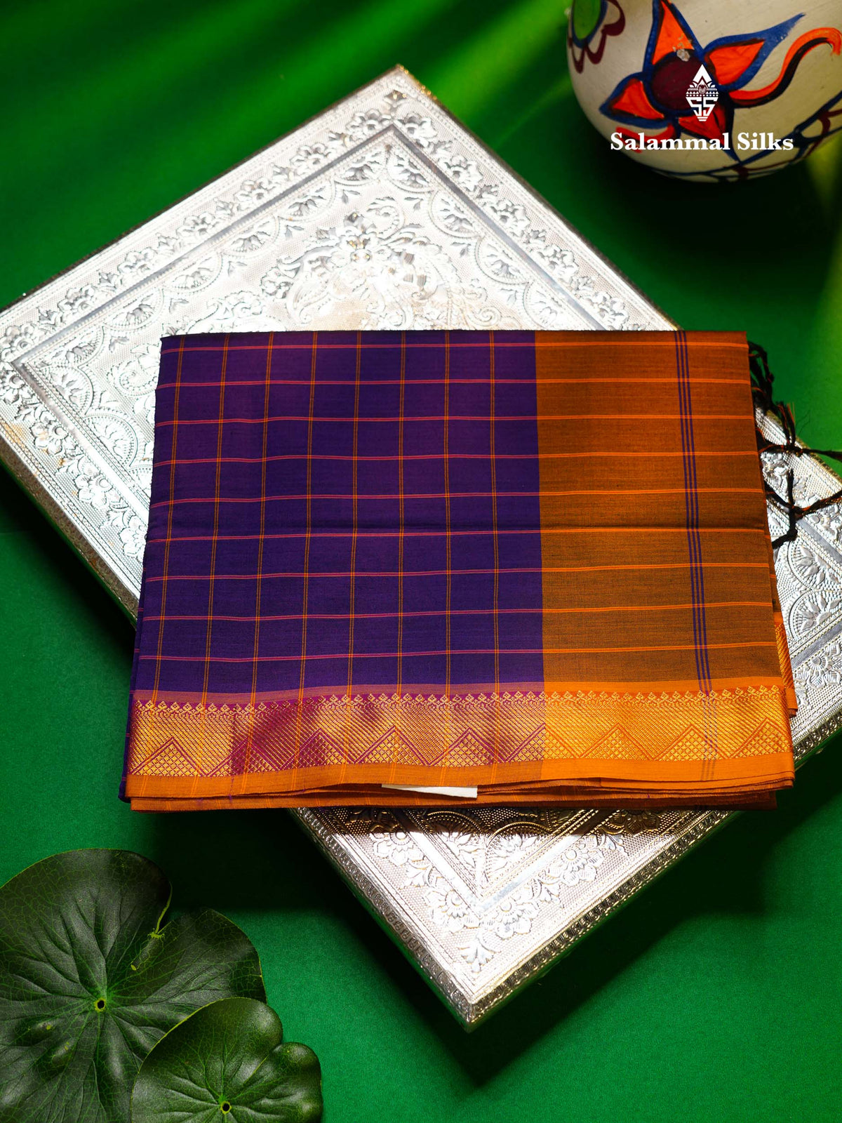 Beautiful Violet Thread Checks Semi Silk Cotton Saree With Mustard Yellow Traditional Small Border