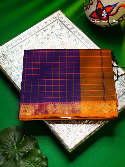 Beautiful Violet Thread Checks Semi Silk Cotton Saree With Mustard Yellow Traditional Small Border