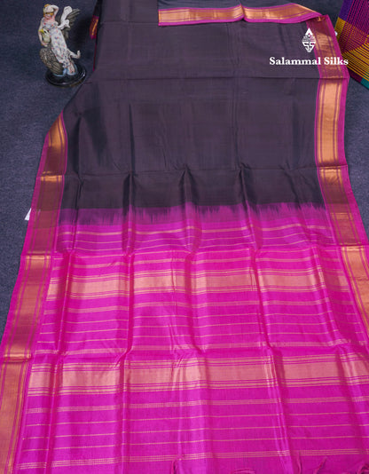 Dark Brown Plain Pure Silk Cotton Saree With Contrast Magenta Pink Blouse