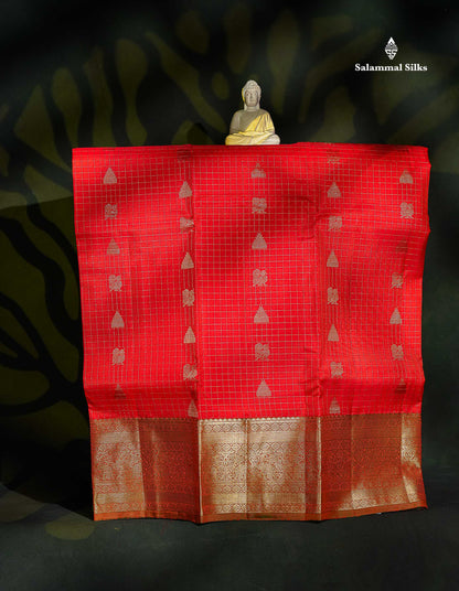 Pure Silk Pattu Pavadai - Redish Orange Checks With Butta & Bottle Green Blouse | 5-9 Years