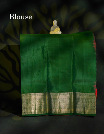 Pure Silk Pattu Pavadai - Redish Orange Checks With Butta & Bottle Green Blouse | 5-9 Years