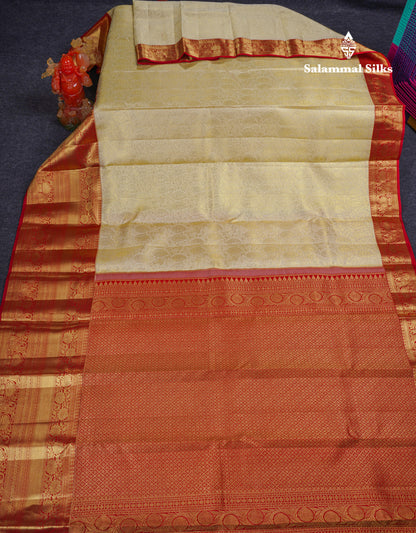Beautiful Half White Bridal Pure Kanjivaram Silk Saree With Contrast Chilly Red Traditional Border