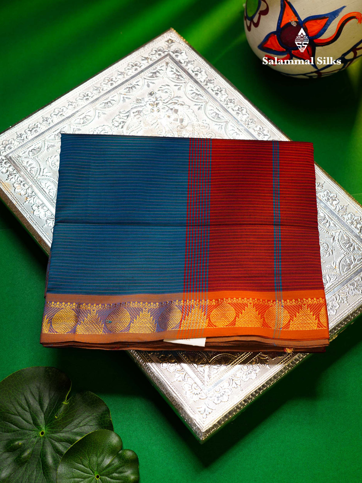 Beautiful Ramar Blue Thread Lines Semi Silk Cotton Saree With Mustrad Yellow Traditional Border