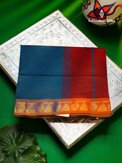 Beautiful Ramar Blue Thread Lines Semi Silk Cotton Saree With Mustrad Yellow Traditional Border