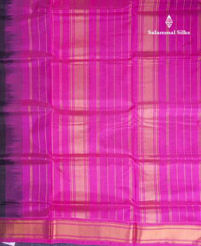 Dark Brown Plain Pure Silk Cotton Saree With Contrast Magenta Pink Blouse