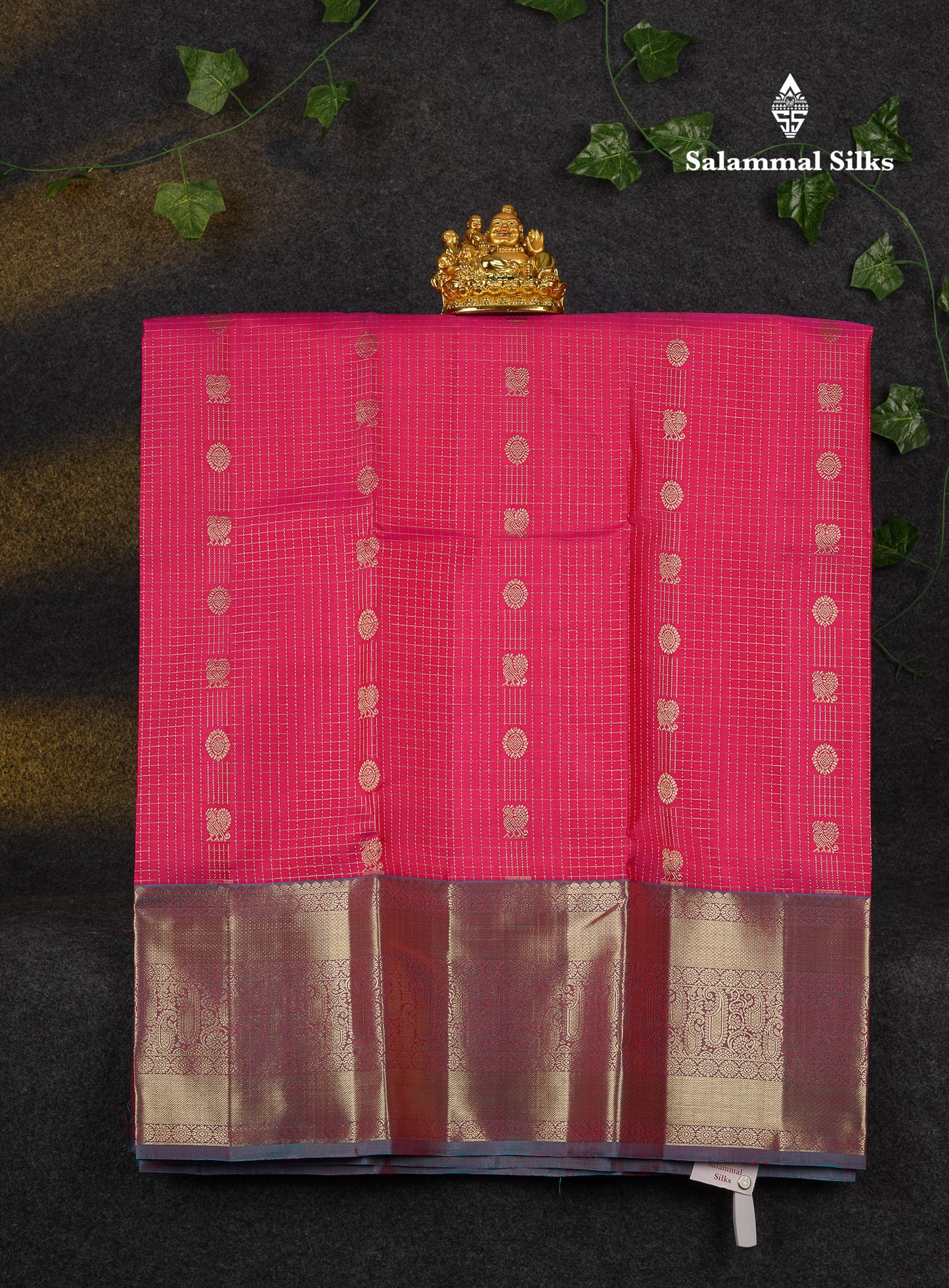 Beautiful Pure Silk Pattu Pavadai Checks With Butta (Pink) With Contrast Blue Blouse 36"