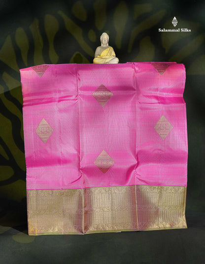 Pure Silk Pattu Pavadai - Light Pink Colour Body With Butta & Parrot Green Blouse | 5-9 Years 