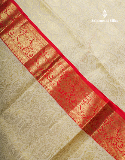 Beautiful Half White Bridal Pure Kanjivaram Silk Saree With Contrast Chilly Red Traditional Border