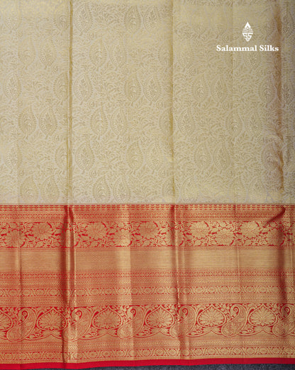 Beautiful Half White Bridal Pure Kanjivaram Silk Saree With Contrast Chilly Red Traditional Border