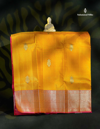 Pure Silk Pattu Pavadai - Yellow Colour Body With Butta & Pink Blouse | 5-9 Years 