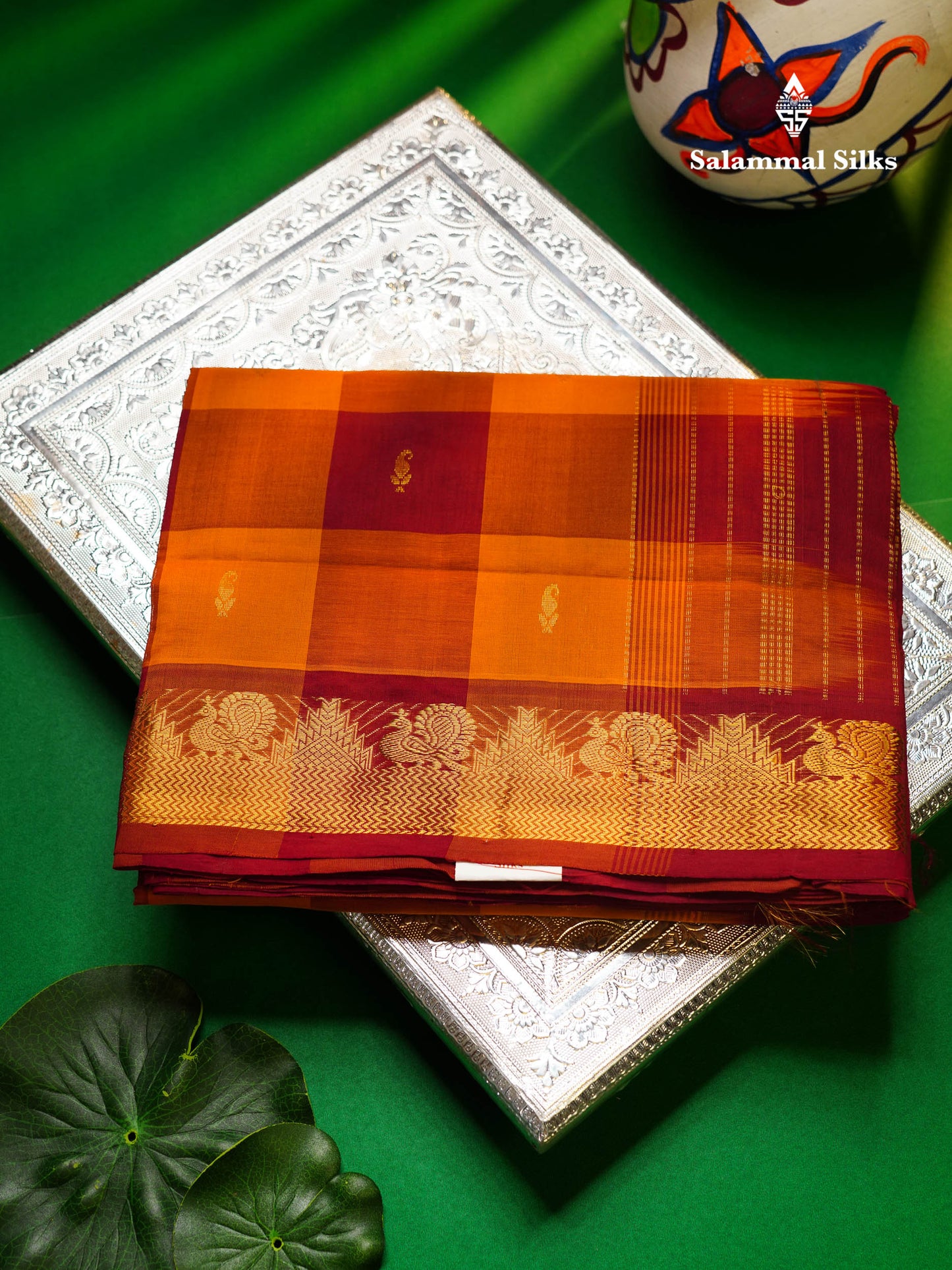 Beautiful Paalum Pazham Checks Semi Silk Cotton Saree With Contrast Dark Maroon Blouse