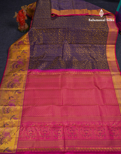 Beautiful Navy Blue Bridal Pure Kanjivaram Silk Saree With Contrast Pink Tissue Fancy Evening Morning Border