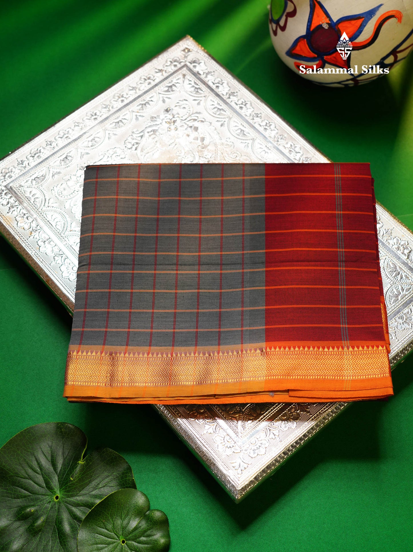 Beautiful Violet Checks Semi Silk Cotton Saree With Contrast Olive Mustard Yellow Blouse