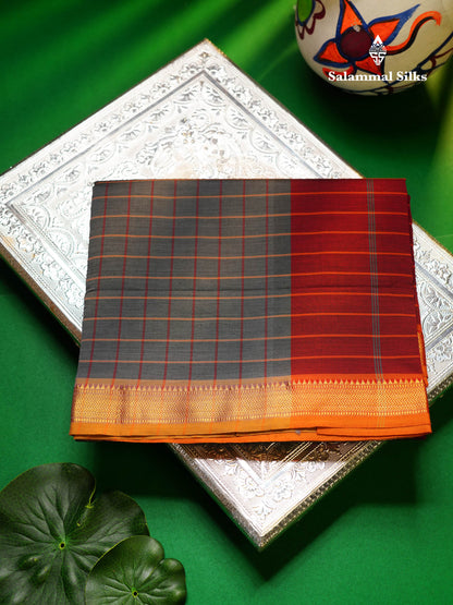 Beautiful Violet Checks Semi Silk Cotton Saree With Contrast Olive Mustard Yellow Blouse