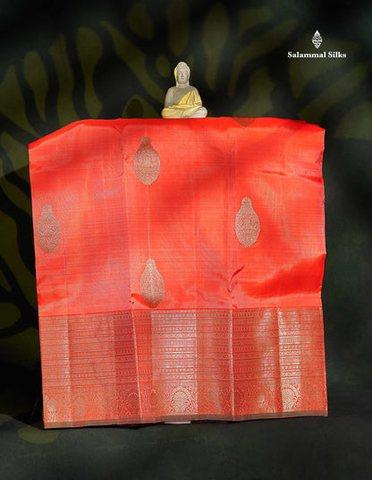 Pure Silk Pattu Pavadai - Orange Colour Body With Butta & Bottle Green Blouse | 5-9 Years 