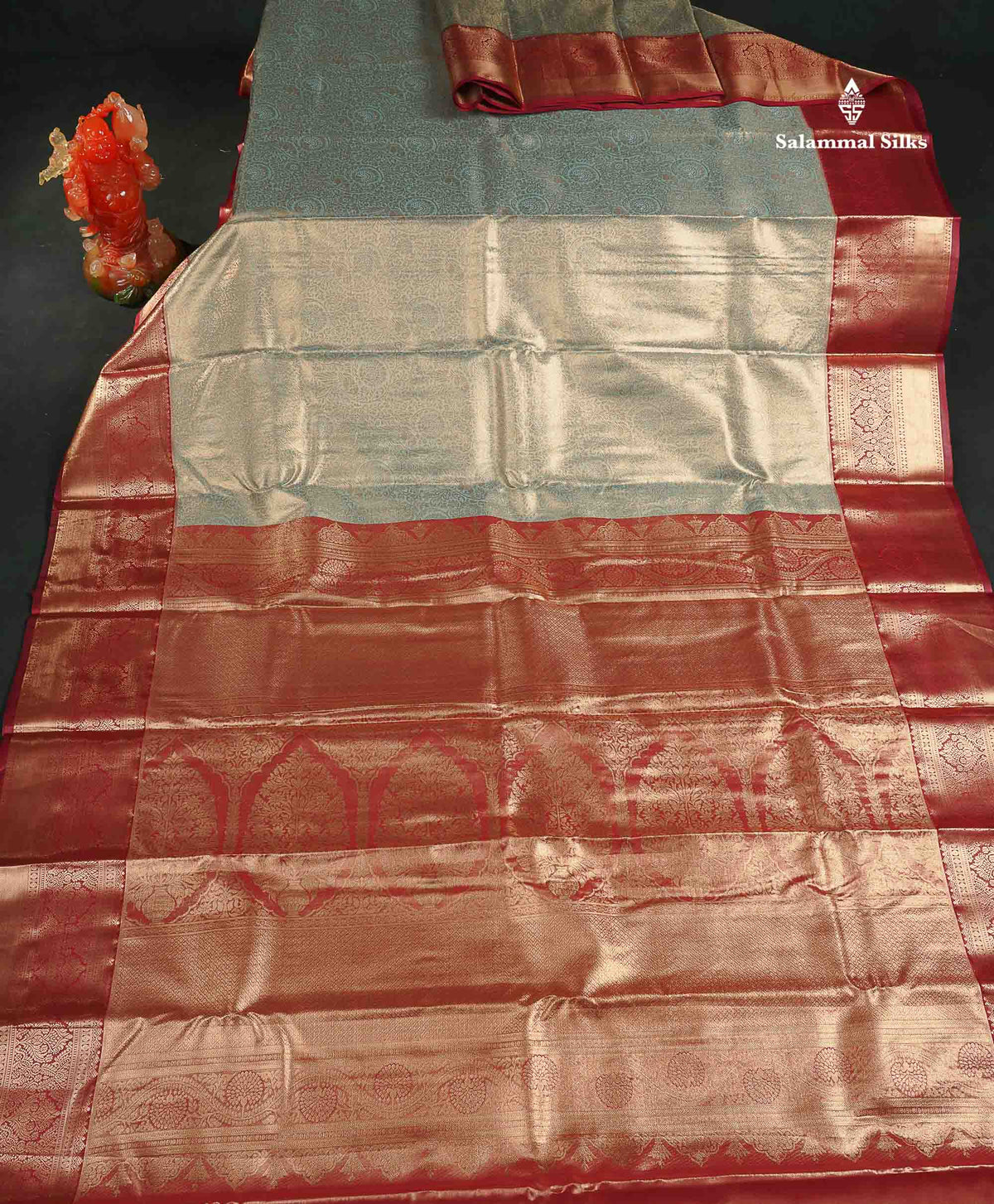 Tissue Bridal Semi Silk Saree - Pastel Blue Colour Body With Contrast Maroon Border 