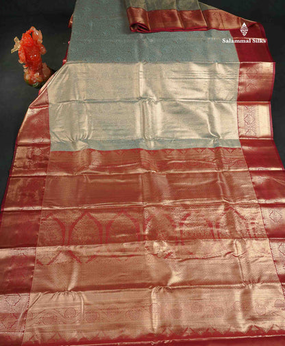 Tissue Bridal Semi Silk Saree - Pastel Blue Colour Body With Contrast Maroon Border 