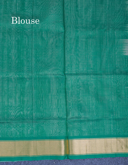 Half White Plain Pure Silk Cotton Saree With Contrast Bottle Green Blouse