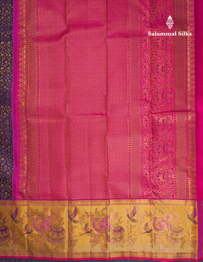 Beautiful Navy Blue Bridal Pure Kanjivaram Silk Saree With Contrast Pink Tissue Fancy Evening Morning Border