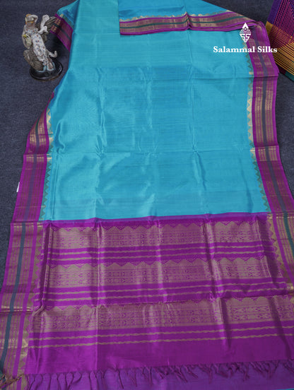 Sky Blue Plain Pure Silk Cotton Saree With Contrast Purple Traditional Border