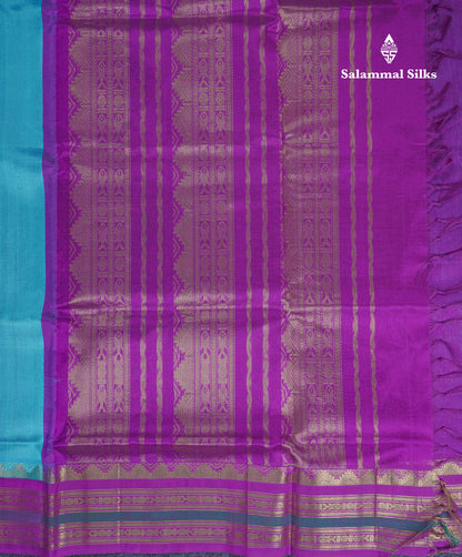 Sky Blue Plain Pure Silk Cotton Saree With Contrast Purple Traditional Border