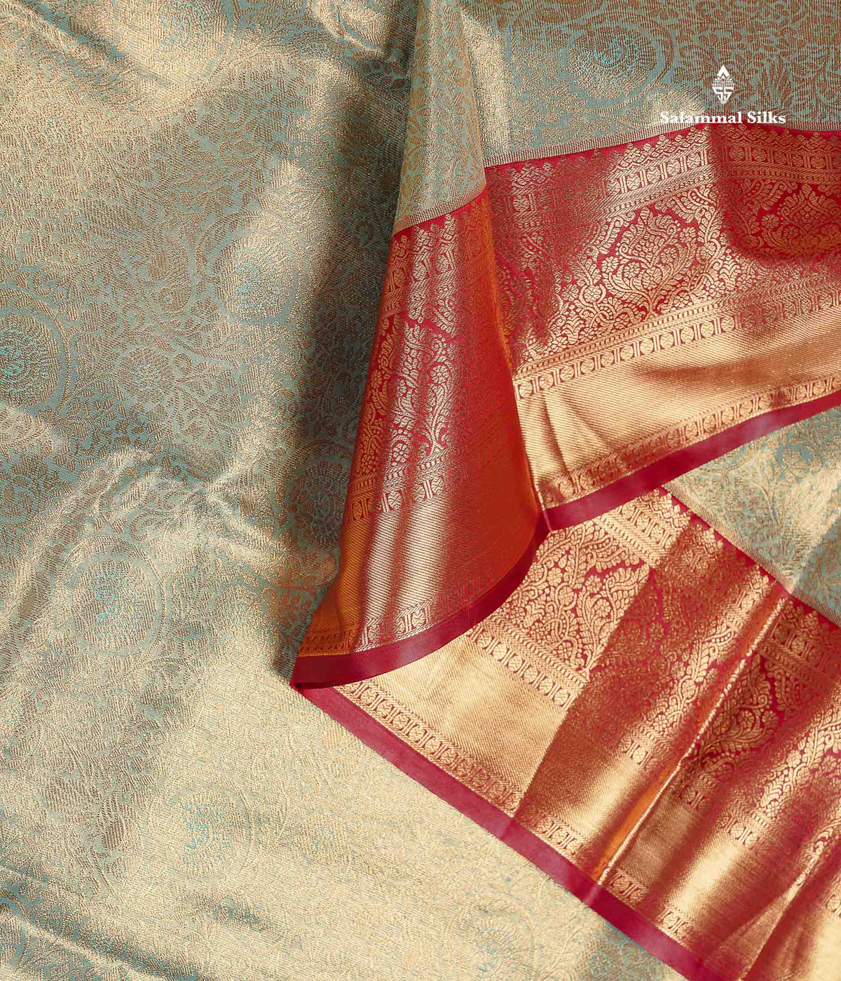 Tissue Bridal Semi Silk Saree - Pastel Blue Colour Body With Contrast Maroon Border