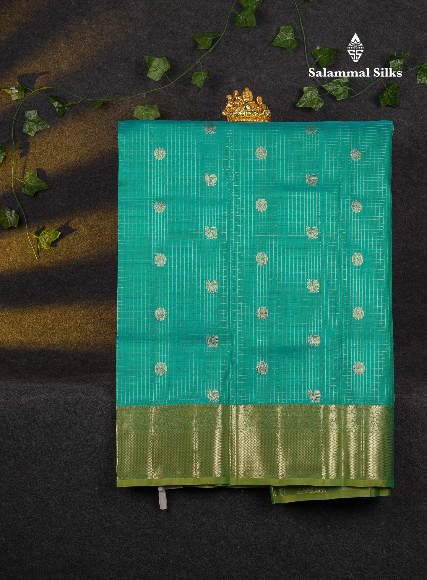 Beautiful Pure Silk Pattu Pavadai Checks With Butta (Sapphire Blue) With Contrast Parrot Green Blouse 36"