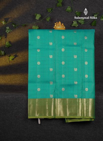 Beautiful Pure Silk Pattu Pavadai Checks With Butta (Sapphire Blue) With Contrast Parrot Green Blouse 36"