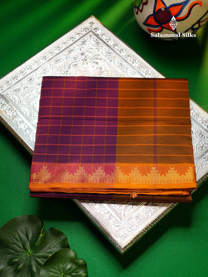 Beautiful Violet Checks Semi Silk Cotton Saree With Contrast Olive Mustard Yellow Blouse