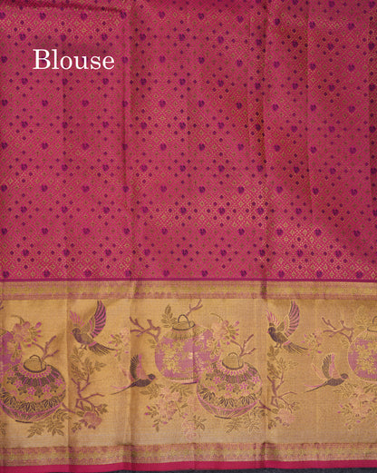 Beautiful Navy Blue Bridal Pure Kanjivaram Silk Saree With Contrast Pink Tissue Fancy Evening Morning Border
