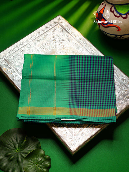 Beautiful Mustard Yellow & Navy Blue Tiny Checks Semi Silk Cotton Saree With Contrast Navy Blue Blouse