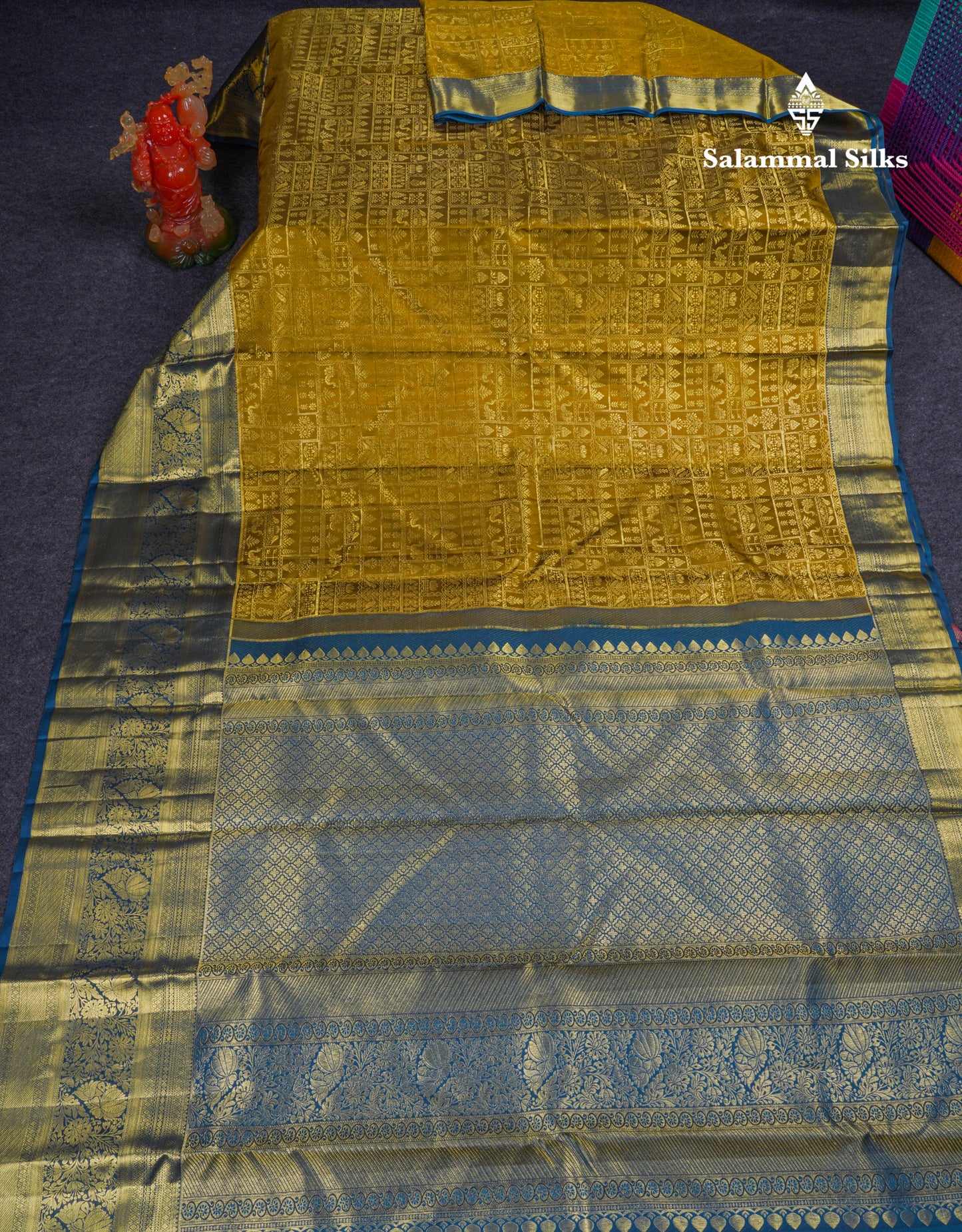 Beautiful Olive Mustard Yellow Bridal Pure Kanjivaram Silk Saree With Contrast Peacock Blue Evening Morning Border
