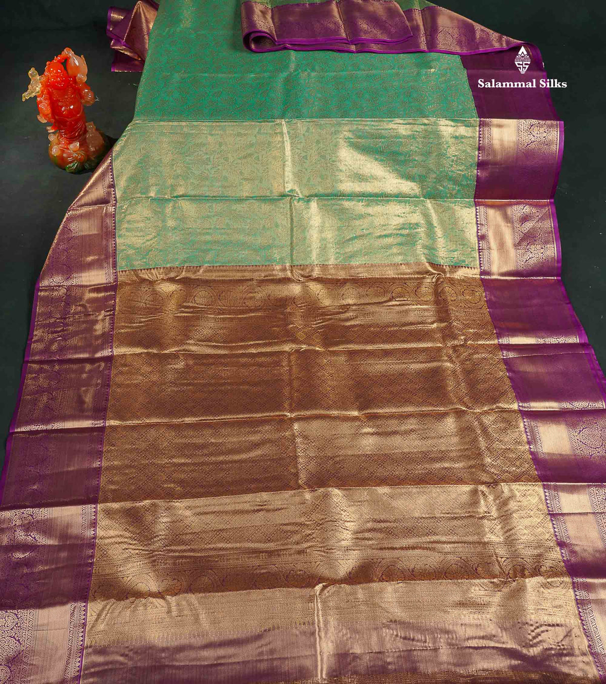 Tissue Bridal Semi Silk Saree - Sea Green Colour Body With Contrast Purple Border 