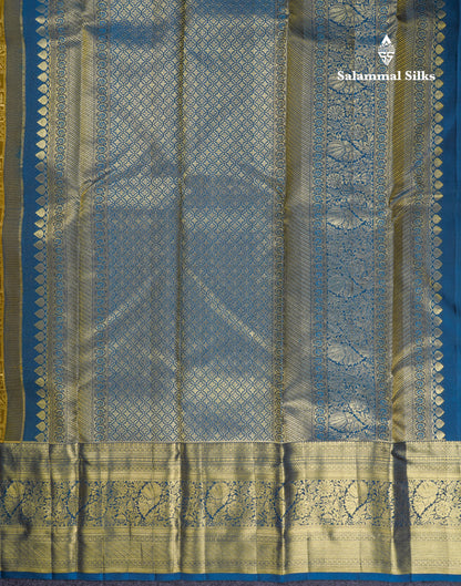 Beautiful Olive Mustard Yellow Bridal Pure Kanjivaram Silk Saree With Contrast Peacock Blue Evening Morning Border