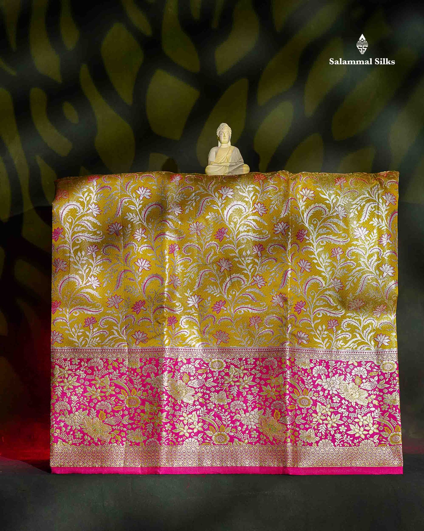 Semi Silk Pattu Pavadai - Olive Mustard Yellow Tissue With Contrast Pink Blouse | 9+ Years 