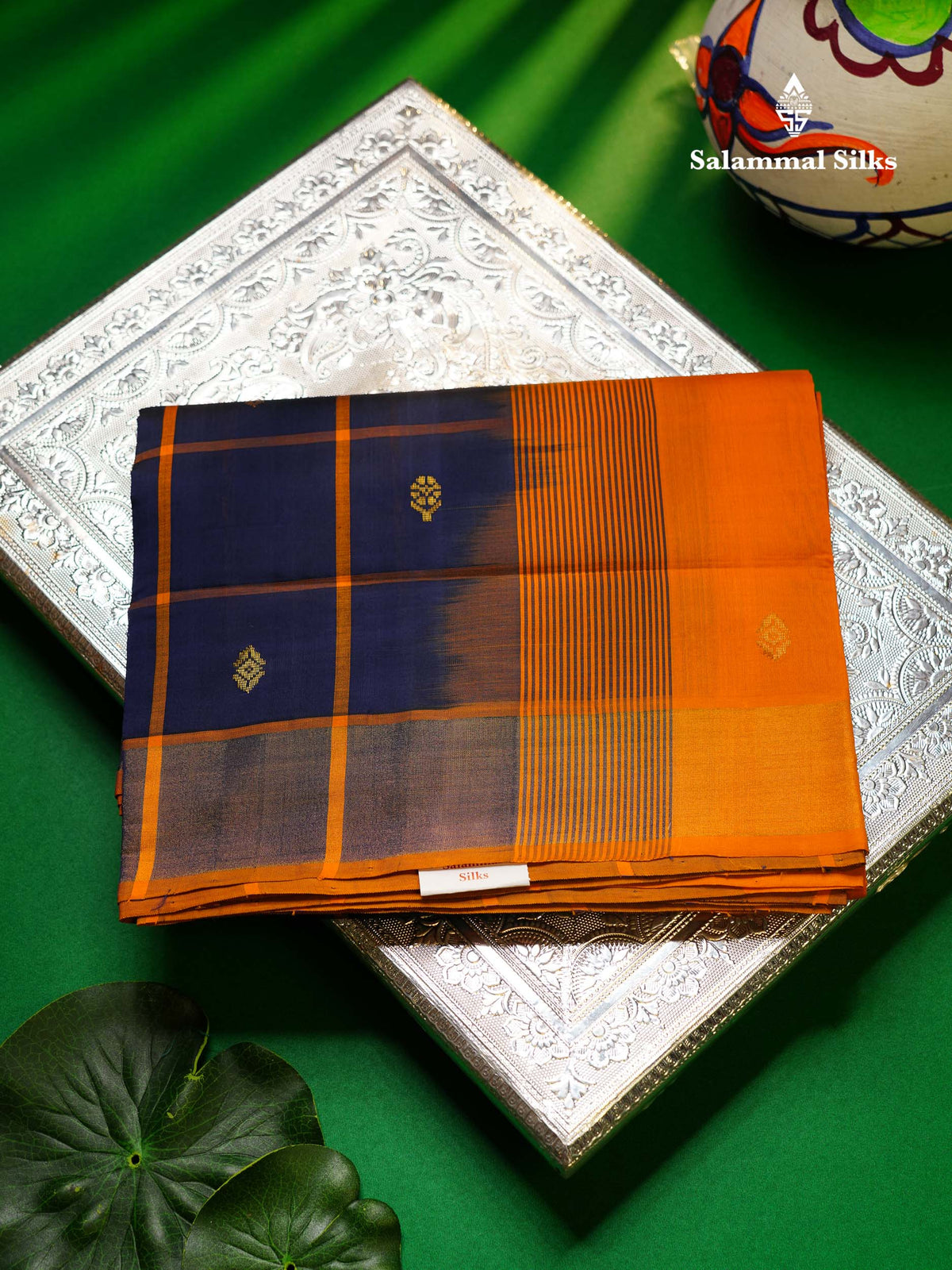 Beautiful Navy Blue Checks With Zari Butta Semi Silk Cotton Saree With Contrast Mustard Yellow Blouse