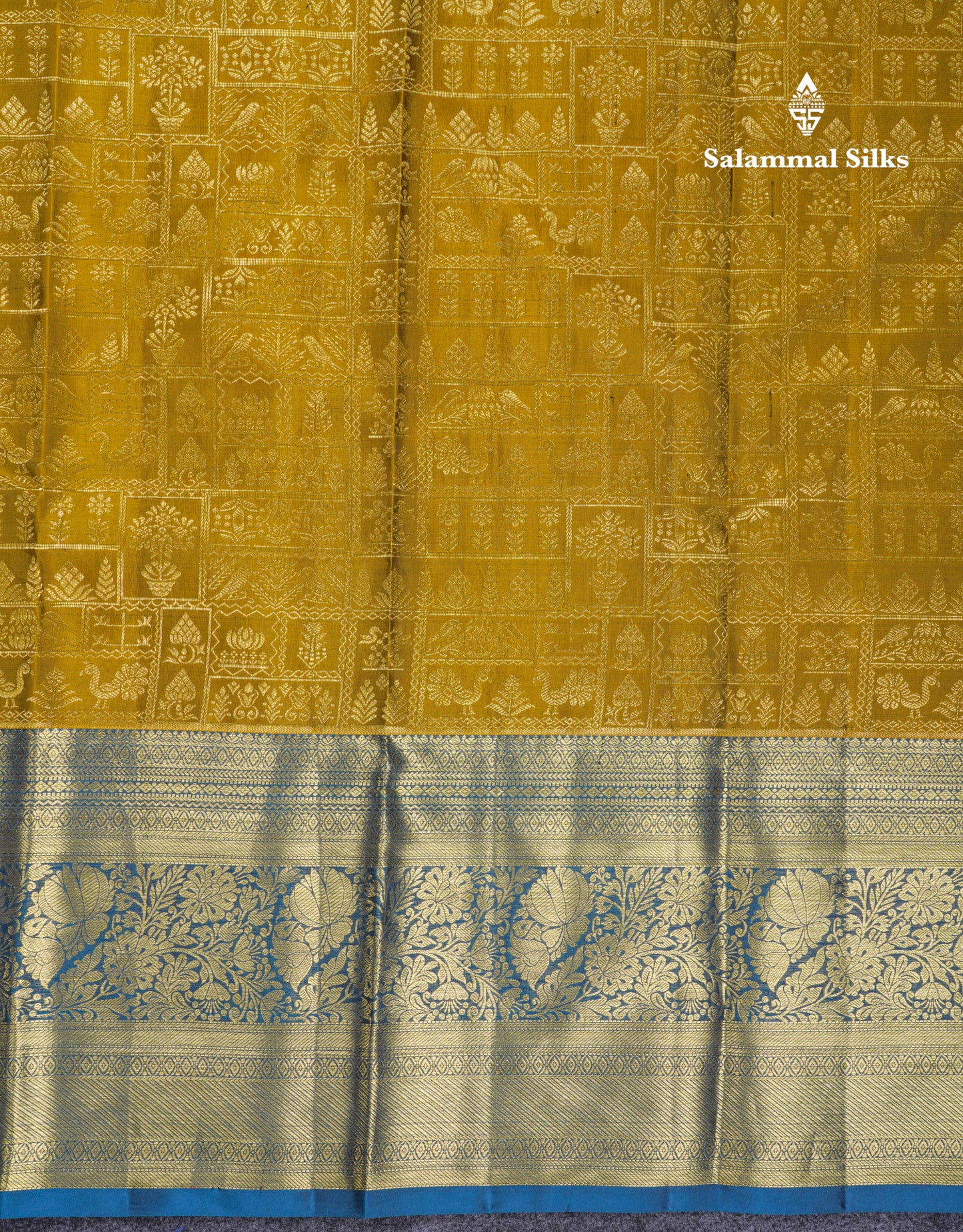 Beautiful Olive Mustard Yellow Bridal Pure Kanjivaram Silk Saree With Contrast Peacock Blue Evening Morning Border