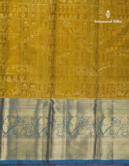 Beautiful Olive Mustard Yellow Bridal Pure Kanjivaram Silk Saree With Contrast Peacock Blue Evening Morning Border