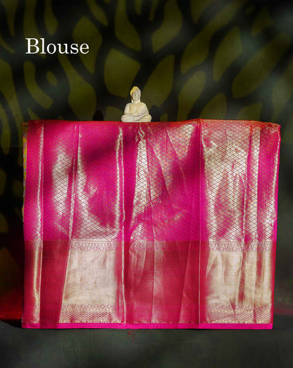 Semi Silk Pattu Pavadai - Olive Mustard Yellow Tissue With Contrast Pink Blouse | 9+ Years