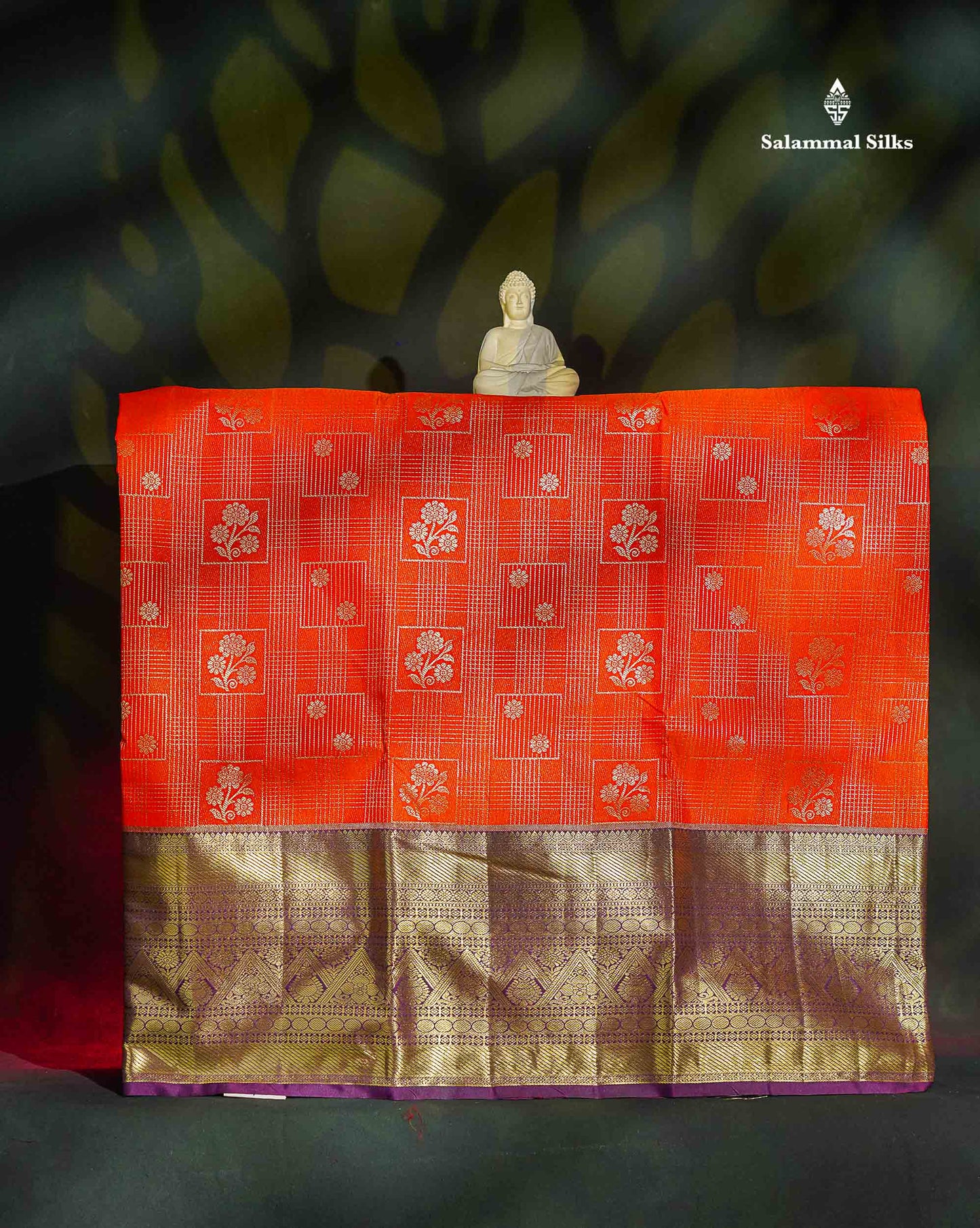 Semi Silk Pattu Pavadai - Orange With Dark Purple Blouse | 9+ Years