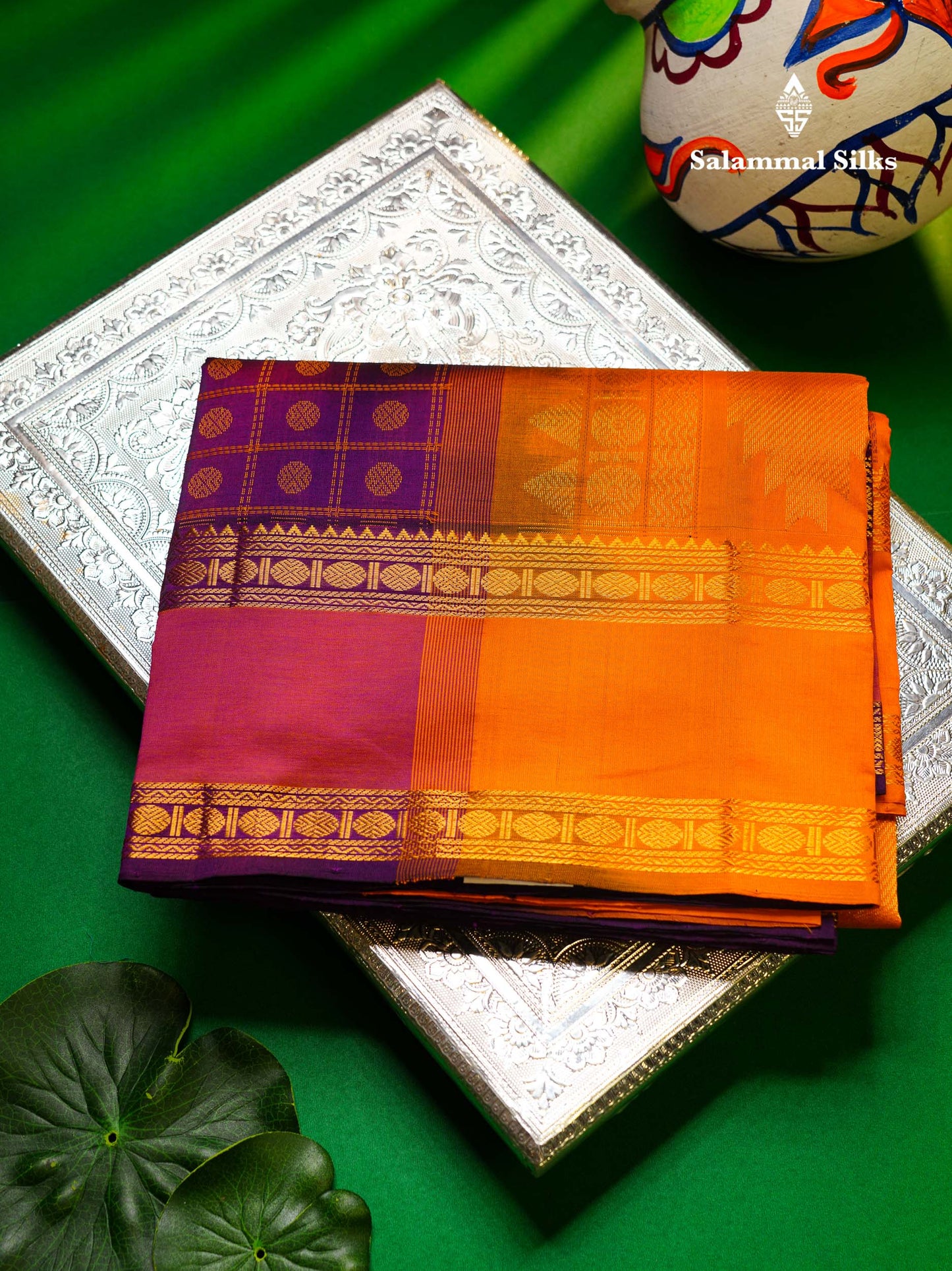 Beautiful Violet Thread Checks And Buttas Semi Silk Cotton Saree With Contrast Mustard Yellow Traditional Double Border