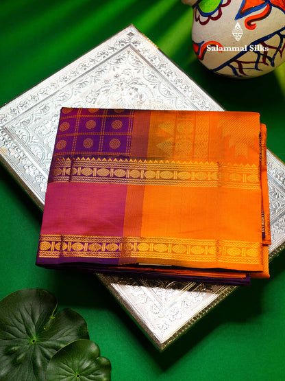 Beautiful Violet Thread Checks And Buttas Semi Silk Cotton Saree With Contrast Mustard Yellow Traditional Double Border