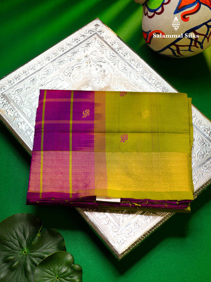 Beautiful Vadamalli Checks Semi Silk Cotton Saree With Contrast Parrot Green Blouse