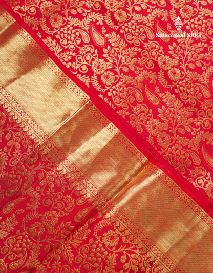 Beautiful Chilly Red Bridal Pure Kanjivaram Silk Saree With Traditional Evening Morning Border