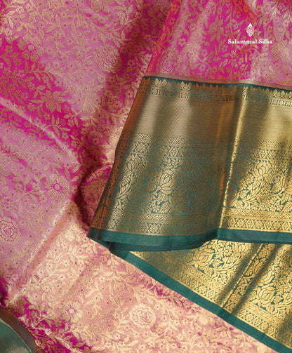 Tissue Bridal Semi Silk Saree - Pink Colour Body With Contrast Bottle Green Border