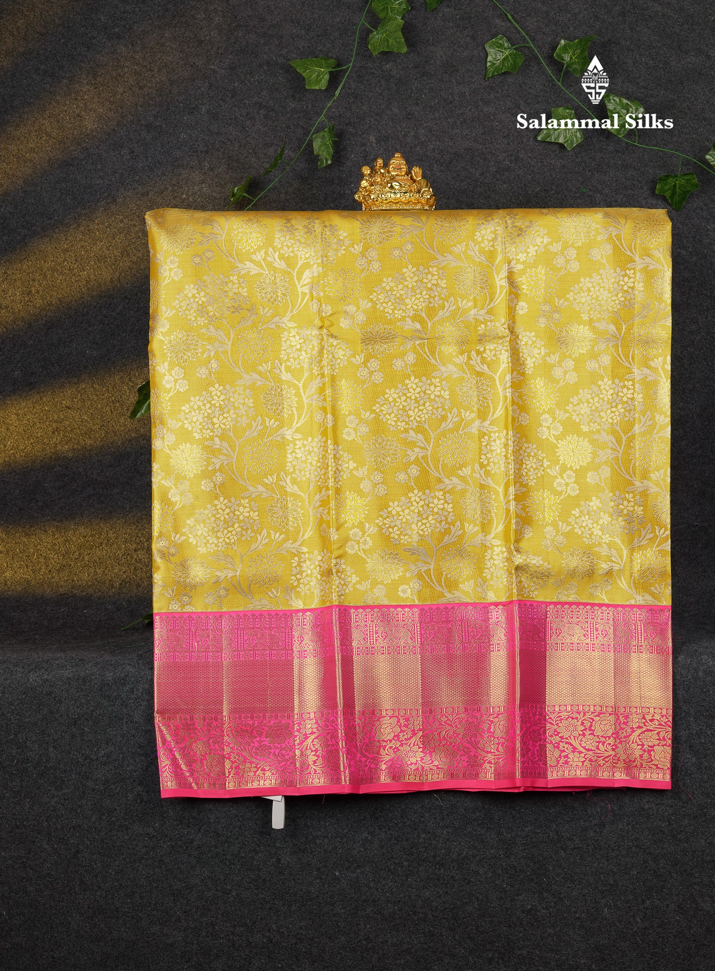 Beautiful Pure Silk Pattu Pavadai Tissue (Yellow) With Contrast Pink Blouse 45"