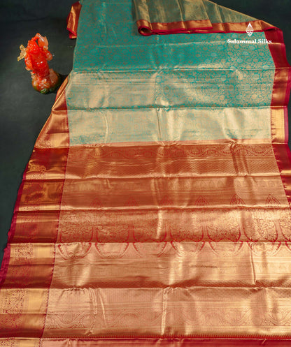 Tissue Bridal Semi Silk Saree - Sea Green Colour Body With Contrast Maroon Border