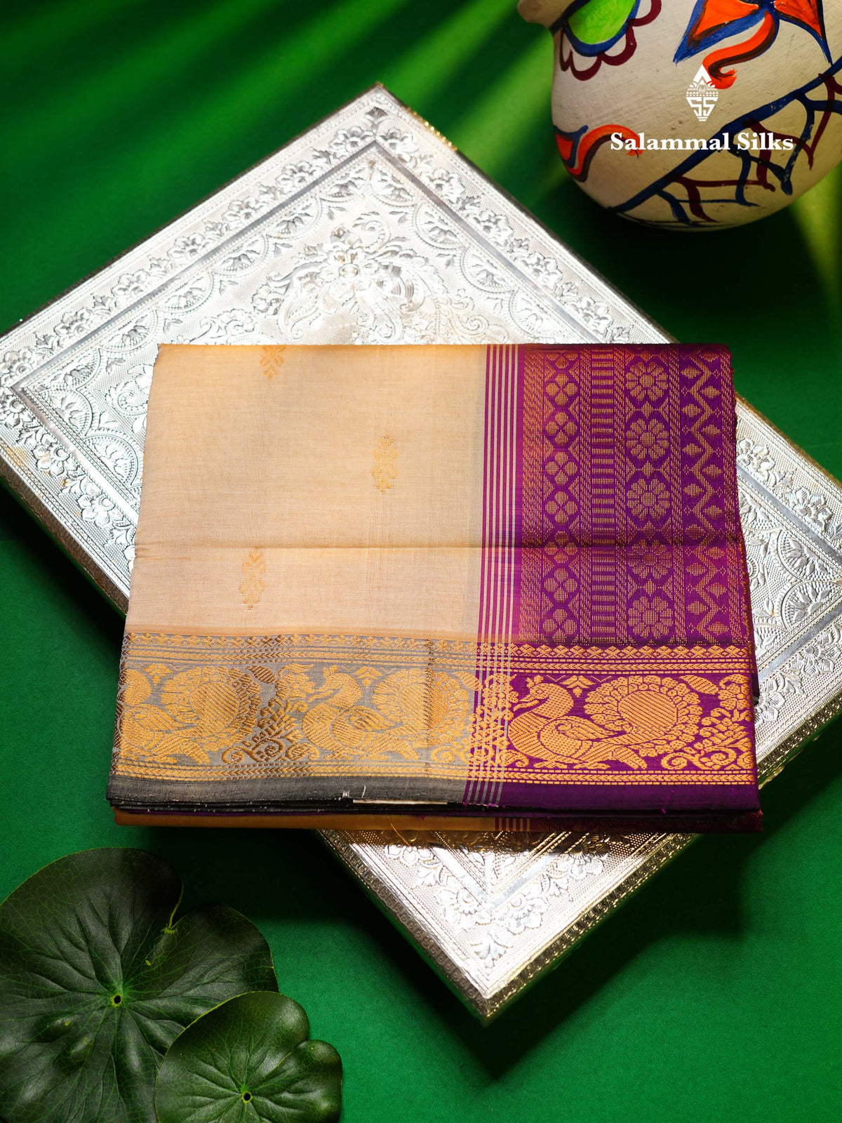 Beautiful Cream Sandal Semi Silk Cotton Saree With Contrast Vadamalli Blouse