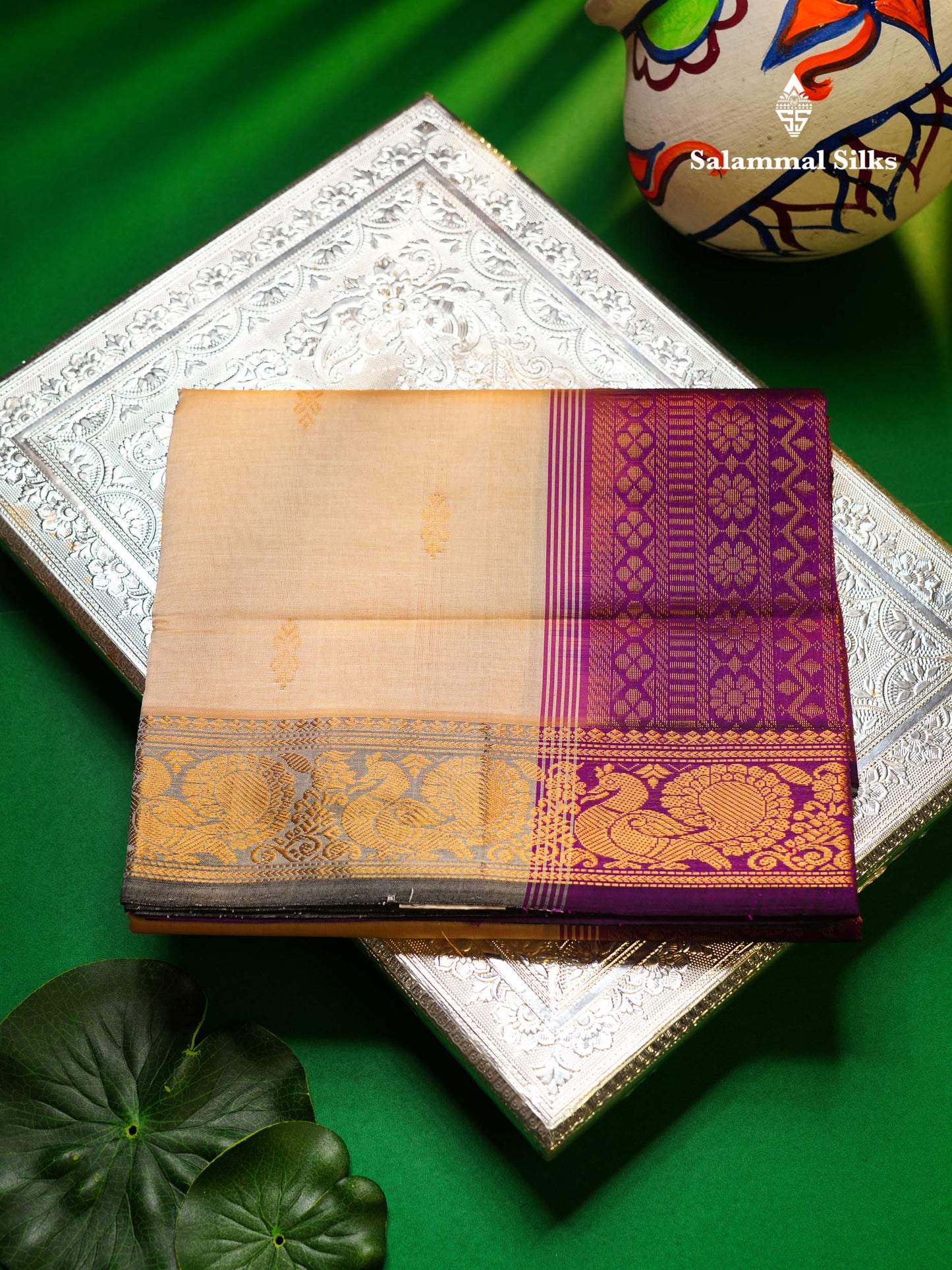Beautiful Cream Sandal Semi Silk Cotton Saree With Contrast Vadamalli Blouse