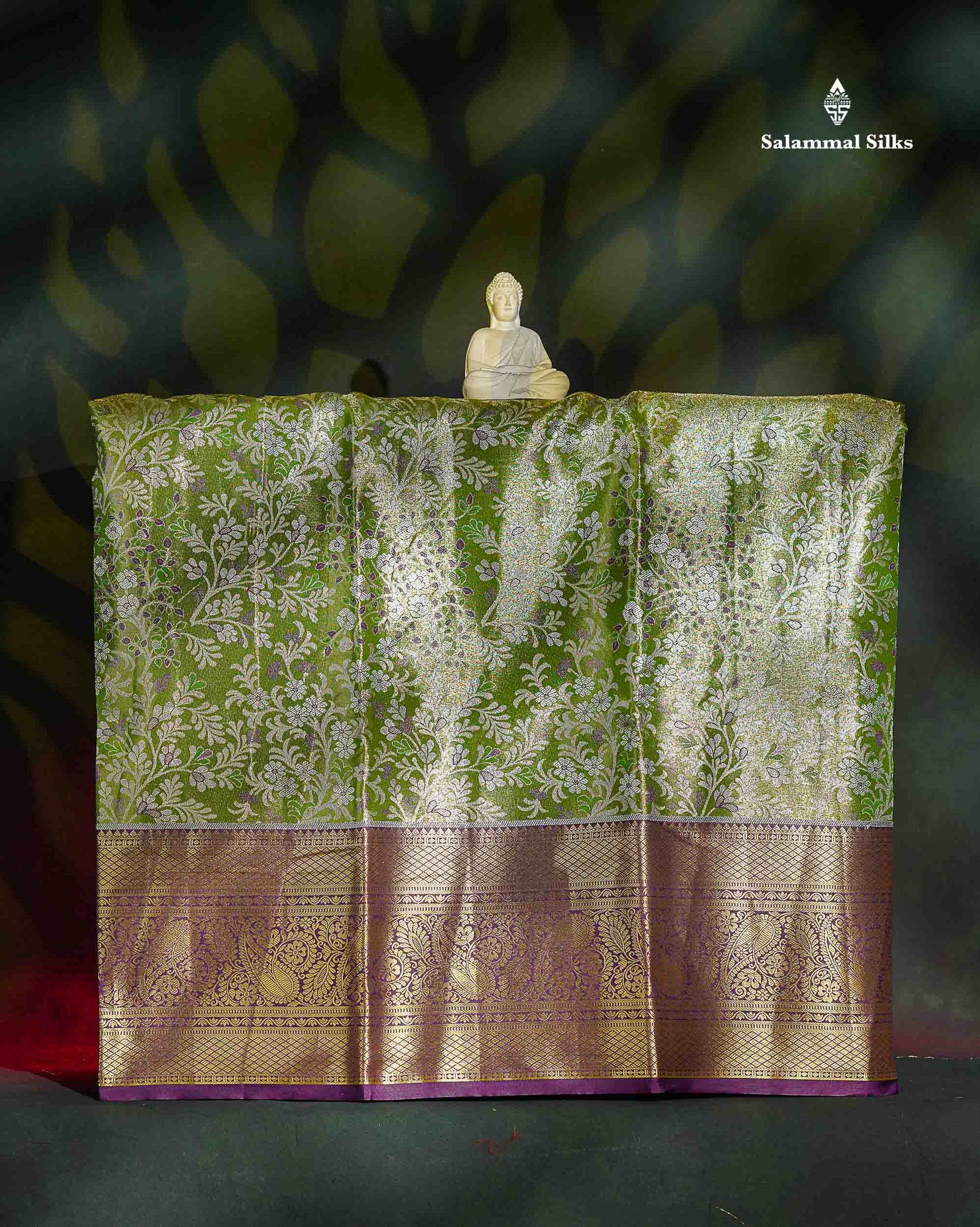 Semi Silk Pattu Pavadai - Olive Green Tissue With Contrast Dark Purple Blouse | 9+ Years 